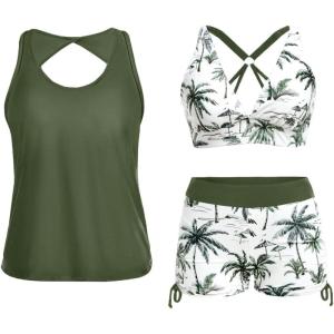 image:imageYonique 3 Piece Tankini Swimsuits for Women Swim Tank Top Bathing Suits with Boy Shorts and Bra Athletic SwimwearGreen Palm Tree