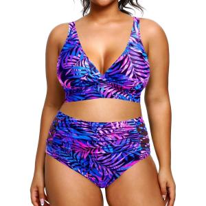 image:imageYonique Womens Plus Size Bikini High Waisted Swimsuits Two Piece Bathing Suits Tummy Control SwimwearBlue Purple Leaves