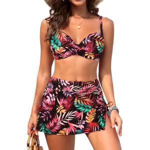 image:imageYonique Womens Underwire Bikini with Swim Skirt  2026 Tummy Control Two Piece Bathing Suit High Waisted Push Up SwimwearColorful Leaves