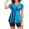 image:imageYonique Women Tankini with Shorts and Pocket Two Piece Swimsuits Ruffle Sleeve Bathing Suit Flowy SwimwearRuffle Blue Leaves