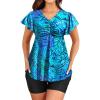 image:imageYonique Women Tankini with Shorts and Pocket Two Piece Swimsuits Ruffle Sleeve Bathing Suit Flowy SwimwearRuffle Blue Leaves