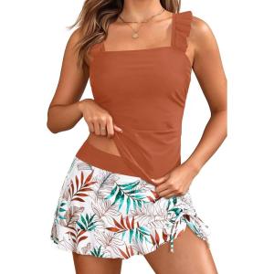 image:imageYonique Tankini with Skirt  Two Piece Swimsuit Tummy Control Bathing Suit Ruffle Swimwear 2026Brown and Flower