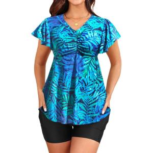 image:imageYonique Women Tankini with Shorts and Pocket Two Piece Swimsuits Ruffle Sleeve Bathing Suit Flowy SwimwearRuffle Blue Leaves
