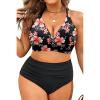 image:imageYonique Womens Plus Size Bikini High Waisted Swimsuits Two Piece Bathing Suits Tummy Control SwimwearDouble Straps Black Flower