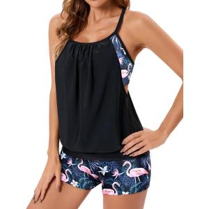 image:imageYonique Two Piece Tankini Bathing Suits TBack Blouson Swim Tops with Boy Shorts Women Swimsuits Sporty SwimwearFlamingo