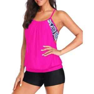image:imageYonique Two Piece Tankini Bathing Suits TBack Blouson Swim Tops with Boy Shorts Women Swimsuits Sporty SwimwearNeon Pink