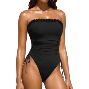 image:imageYonique Women Strapless One Piece Swimsuit Tummy Control Bandeau Bathing Suit Cheeky SwimwearBlack Floral Lace