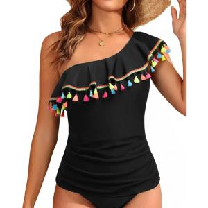 image:imageYonique Womens One Shoulder Tankini Swim Tops Ruffle Bathing Suit Tops No BottomsBlack01