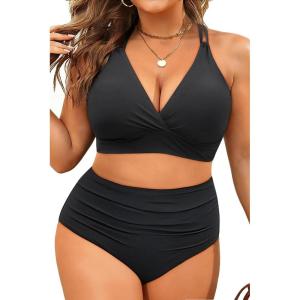 image:imageYonique Womens Plus Size Bikini High Waisted Swimsuits Two Piece Bathing Suits Tummy Control SwimwearDouble Straps Black