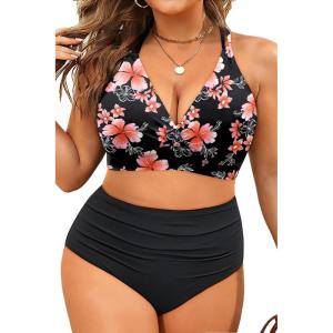 image:imageYonique Womens Plus Size Bikini High Waisted Swimsuits Two Piece Bathing Suits Tummy Control SwimwearDouble Straps Black Flower