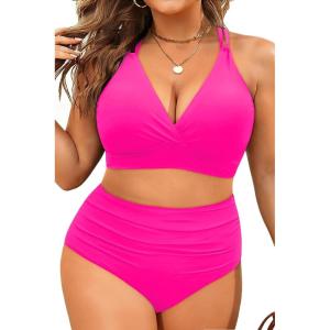 image:imageYonique Womens Plus Size Bikini High Waisted Swimsuits Two Piece Bathing Suits Tummy Control SwimwearDouble Straps Hot Pink