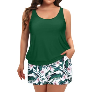 image:imageYonique Plus Size Tankini Swimsuits for Women Blouson Tankini Tops with Swim Shorts Two Piece Bathing SuitsGreen Floral