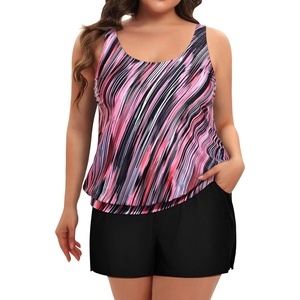 image:imageYonique Plus Size Tankini Swimsuits for Women Blouson Tankini Tops with Swim Shorts Two Piece Bathing SuitsPink Diagonal Stripe