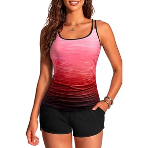 image:imageYonique Women Tankini Swimsuit with Shorts  Two Piece Tummy Control Bathing Suit with Pockets 2026 SwimwearRed Gradient