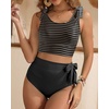 image:imageYonique Two Piece High Waisted Swimsuits  Women Tummy Control Bikini Modest Bathing Suit 2PC 2025Black Striped