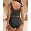 image:imageYonique Two Piece High Waisted Swimsuits  Women Tummy Control Bikini Modest Bathing Suit 2PC 2025Black Striped