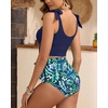 image:imageYonique Two Piece High Waisted Swimsuits  Women Tummy Control Bikini Modest Bathing Suit 2PC 2025Blue Floral