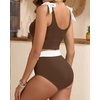image:imageYonique Two Piece High Waisted Swimsuits  Women Tummy Control Bikini Modest Bathing Suit 2PC 2025Brown and White