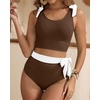 image:imageYonique Two Piece High Waisted Swimsuits  Women Tummy Control Bikini Modest Bathing Suit 2PC 2025Brown and White