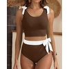image:imageYonique Two Piece High Waisted Swimsuits  Women Tummy Control Bikini Modest Bathing Suit 2PC 2025Brown and White