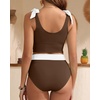 image:imageYonique Two Piece High Waisted Swimsuits  Women Tummy Control Bikini Modest Bathing Suit 2PC 2025Brown and White