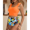 image:imageYonique Two Piece High Waisted Swimsuits  Women Tummy Control Bikini Modest Bathing Suit 2PC 2025Orange and Leaves