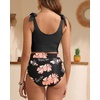 image:imageYonique Two Piece High Waisted Swimsuits  Women Tummy Control Bikini Modest Bathing Suit 2PC 2025Pink Floral