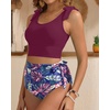 image:imageYonique Two Piece High Waisted Swimsuits  Women Tummy Control Bikini Modest Bathing Suit 2PC 2025Purple Leaf