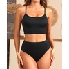 image:imageYonique Two Piece High Waisted Swimsuits  Women Tummy Control Bikini Modest Bathing Suit 2PC 2025Ribbed Black