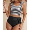 image:imageYonique Two Piece High Waisted Swimsuits  Women Tummy Control Bikini Modest Bathing Suit 2PC 2025Striped and Black