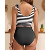 image:imageYonique Two Piece High Waisted Swimsuits  Women Tummy Control Bikini Modest Bathing Suit 2PC 2025Striped and Black