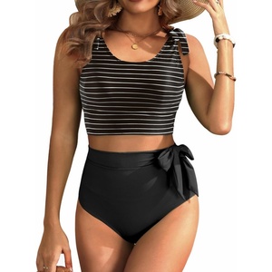 image:imageYonique Two Piece High Waisted Swimsuits  Women Tummy Control Bikini Modest Bathing Suit 2PC 2025Black Striped