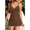image:imageTankini with Skirt Pockets Tummy Control Ribbed V Neck Two Piece Swimsuit  Chic Twist Front Slimming Ruching High Waisted Dual Side Pockets BuiltIn Safety Brief Adjustable Straps Removable PadsBrown