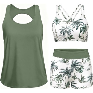 image:imageYonique 3 Piece Tankini Swimsuits for Women Bathing Suits with Boy Shorts and Swim Tank Top Bra Modest SwimwearGreen Palm Tree