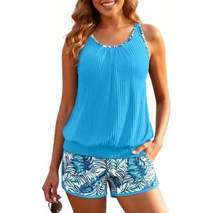 image:imageYonique Ribbed Blouson Tankini with Pockets Shorts Athletic Swimsuit  Loose fit High waisted Shorts Adjustable drawstring Removable pads Adjustable Straps Bulitin briefBlue Leaves