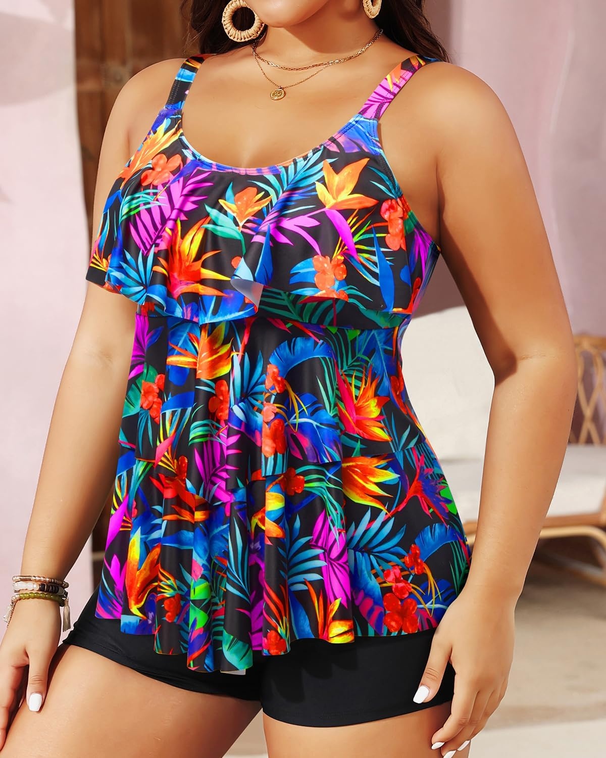 image:imageYonique Plus Size Tankini Swimsuits for Women Two Piece Ruffle Swimsuit  High Waist Shorts 3Layer Ruffle Removable Cups Adjustable StrapsColorful Leaves