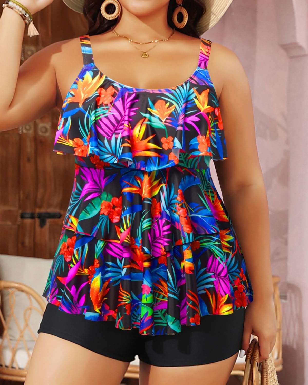 image:imageYonique Plus Size Tankini Swimsuits for Women Two Piece Ruffle Swimsuit  High Waist Shorts 3Layer Ruffle Removable Cups Adjustable StrapsColorful Leaves