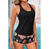 image:image3 Piece Tankini Bathing Suit with Sports Bra and Athletic Swim Shorts  Supportive Removable Bra High Waisted Tummy Control Boyshort Loose Tank Top Racerback Quick Drying Vacation SwimwearPink Floral  Black