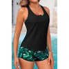 image:image3 Piece Tankini Bathing Suit with Sports Bra and Athletic Swim Shorts  Supportive Removable Bra High Waisted Tummy Control Boyshort Loose Tank Top Racerback Quick Drying Vacation SwimwearBlack and Green Leaves