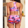 image:image3 Piece Tankini Bathing Suit with Sports Bra and Athletic Swim Shorts  Supportive Removable Bra High Waisted Tummy Control Boyshort Loose Tank Top Racerback Quick Drying Vacation SwimwearPink Tree