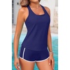 image:image3 Piece Tankini Bathing Suit with Sports Bra and Athletic Swim Shorts  Supportive Removable Bra High Waisted Tummy Control Boyshort Loose Tank Top Racerback Quick Drying Vacation SwimwearBlue White