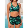 image:image3 Piece Tankini Bathing Suit with Sports Bra and Athletic Swim Shorts  Supportive Removable Bra High Waisted Tummy Control Boyshort Loose Tank Top Racerback Quick Drying Vacation SwimwearBlack and Green Leaves