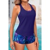 image:image3 Piece Tankini Bathing Suit with Sports Bra and Athletic Swim Shorts  Supportive Removable Bra High Waisted Tummy Control Boyshort Loose Tank Top Racerback Quick Drying Vacation SwimwearBlue Purple Leaves