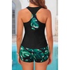 image:image3 Piece Tankini Bathing Suit with Sports Bra and Athletic Swim Shorts  Supportive Removable Bra High Waisted Tummy Control Boyshort Loose Tank Top Racerback Quick Drying Vacation SwimwearBlack and Green Leaves