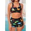 image:image3 Piece Tankini Bathing Suit with Sports Bra and Athletic Swim Shorts  Supportive Removable Bra High Waisted Tummy Control Boyshort Loose Tank Top Racerback Quick Drying Vacation SwimwearBlack Colorful Dinosaur