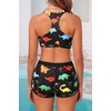 image:image3 Piece Tankini Bathing Suit with Sports Bra and Athletic Swim Shorts  Supportive Removable Bra High Waisted Tummy Control Boyshort Loose Tank Top Racerback Quick Drying Vacation SwimwearBlack Colorful Dinosaur