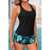 image:image3 Piece Tankini Bathing Suit with Sports Bra and Athletic Swim Shorts  Supportive Removable Bra High Waisted Tummy Control Boyshort Loose Tank Top Racerback Quick Drying Vacation SwimwearGreen Floral
