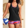 image:image3 Piece Tankini Bathing Suit with Sports Bra and Athletic Swim Shorts  Supportive Removable Bra High Waisted Tummy Control Boyshort Loose Tank Top Racerback Quick Drying Vacation SwimwearPink Tree