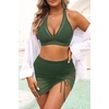 image:imageHigh Waisted Bikini with Skirt  Two Piece Tummy Control Swimsuit for Women Mesh Halter Bathing Suit 2025 Sarong SwimwearArmy Green