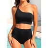 image:imageWomen High Waisted Bikini One Shoulder Two Piece Full Coverage SwimsuitsBlack